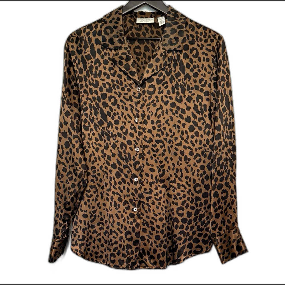 Vintage Lord & Taylor 100% Silk Button-Up Blouse Sz US 8 Brown Leopard Career